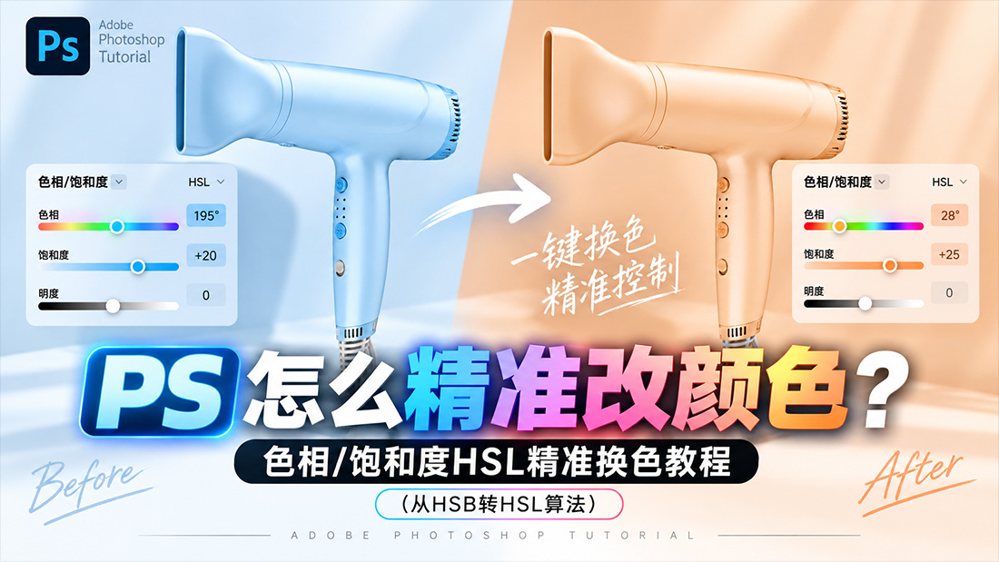 PS怎么精准改颜色？色相/饱和度HSL精准换色教程（从HSB转HSL算法）