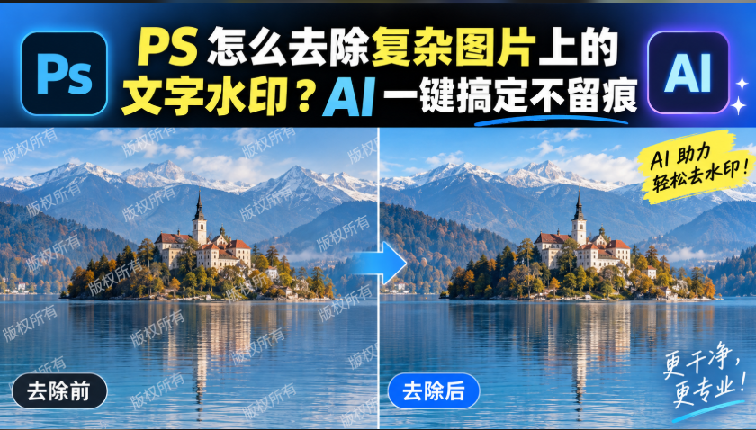 PS 怎么去除复杂图片上的文字水印？AI 一键搞定不留痕