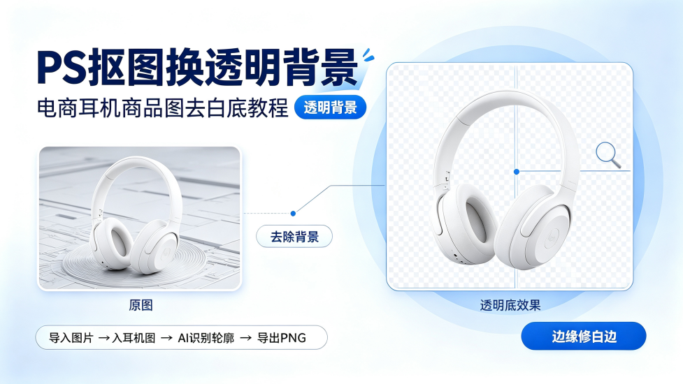 PS 抠图换透明背景教程封面图，电商耳机商品图去白底，左侧是耳机原图，右侧是抠图后透明底效果图，下方标注操作流程：导入图片→入耳机图→AI 识别轮廓→导出 PNG，附带边缘修白边说明