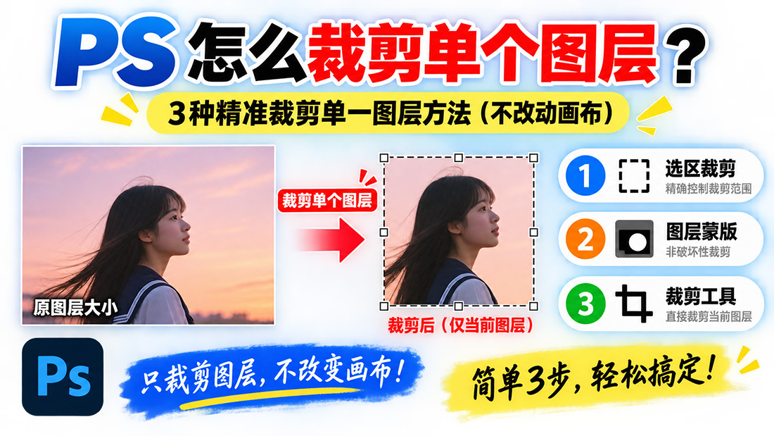 PS怎么裁剪单个图层？3种精准裁剪单一图层方法（不改动画布）