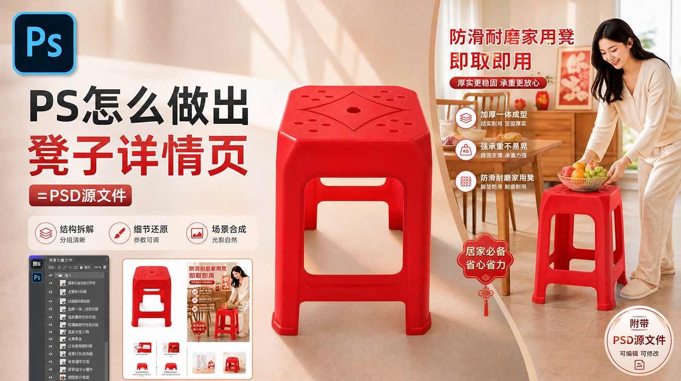 怎么在 PS 里做凳子详情页？从白底图到成品全步骤