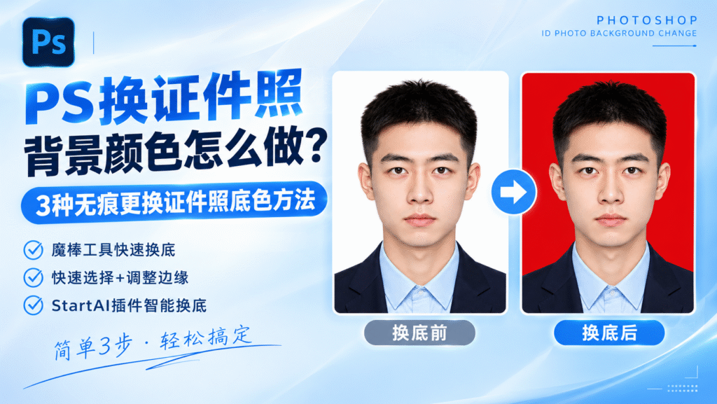 PS 教程封面图,主题为 3 种无痕更换证件照背景颜色方法,左侧标题文字,右侧并排展示男士证件照换底前后对比,白底原图转换为红底照片,列出魔棒工具、快速选择工具、StartAI 插件三种换底方案。