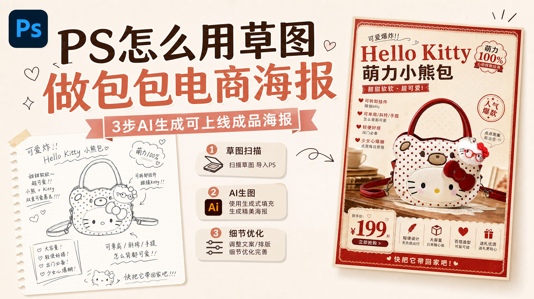PS怎么用草图做包包电商海报？3步AI生成可上线成品海报