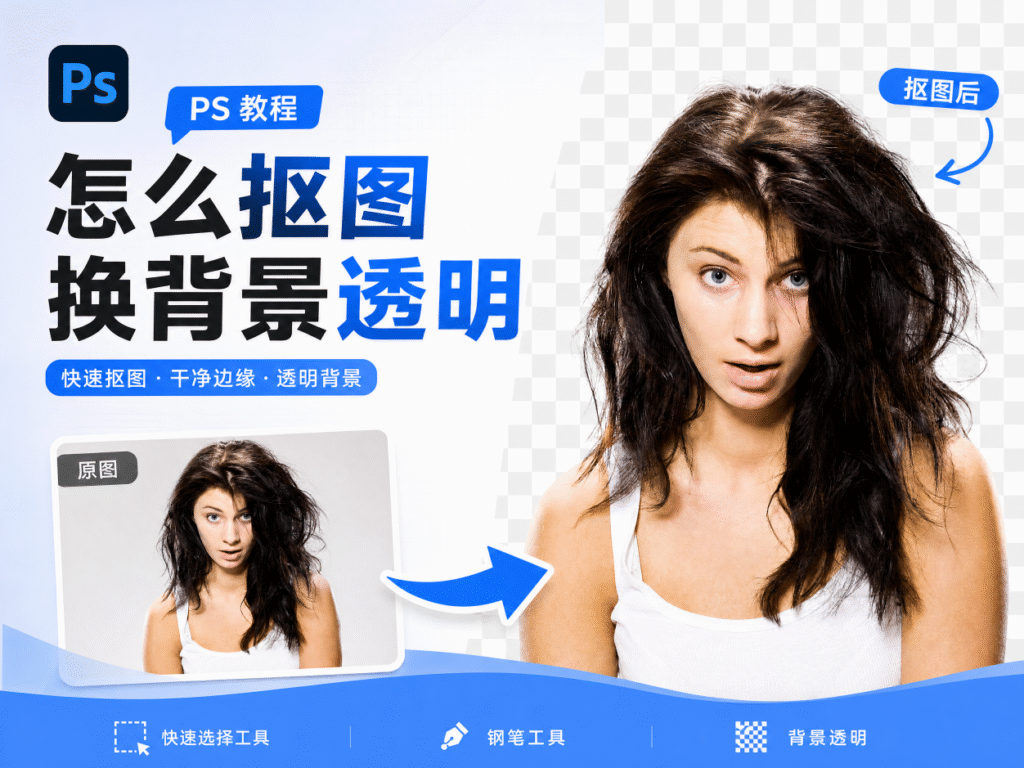 PS 抠图教程封面图，演示人物原图转为透明背景抠图效果，左侧标题文字 “怎么抠图 换背景透明”，标注快速选择工具、钢笔工具，右侧展示抠图完成的带头发丝人物，白底透明棋盘格背景，蓝白简约科技风教程海报。