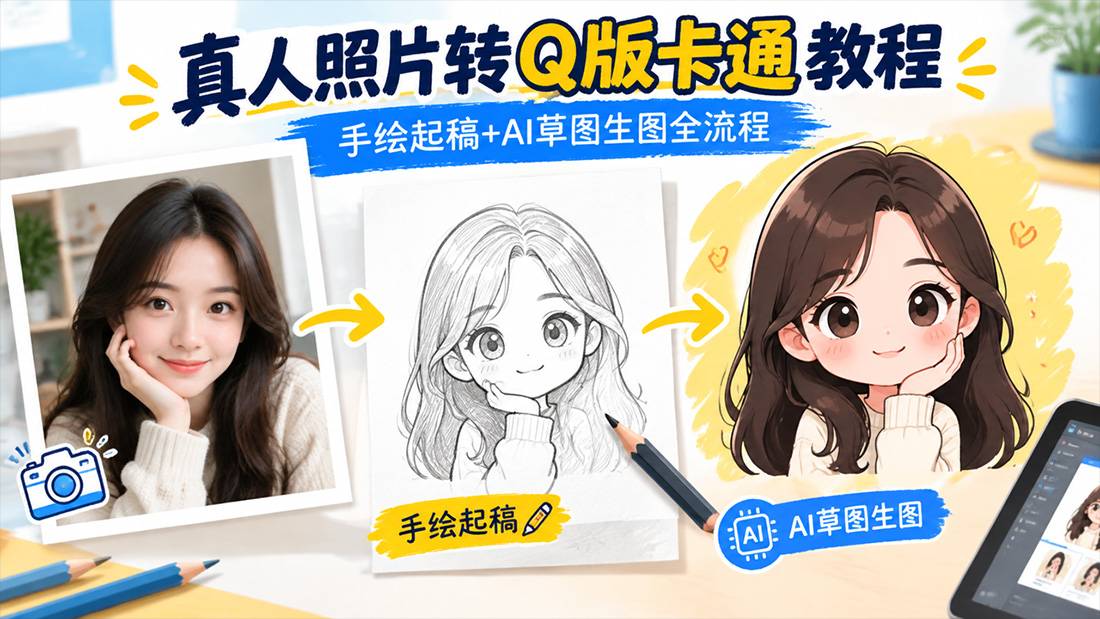 真人照片转Q版卡通教程｜手绘起稿+AI草图生图全流程
