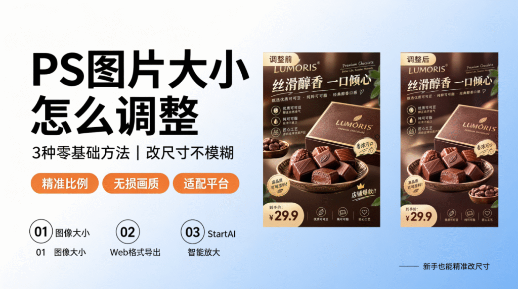 PS 图片大小调整教程封面图，标题：PS 图片大小怎么调整，3 种零基础方法，改尺寸不模糊。展示巧克力商品海报调整前、调整后对比效果图，下方列出三种方法：图像大小、Web 格式导出、StartAI 智能放大，标注精准比例、无损画质、适配平台特点，新手也能精准修改图片尺寸。