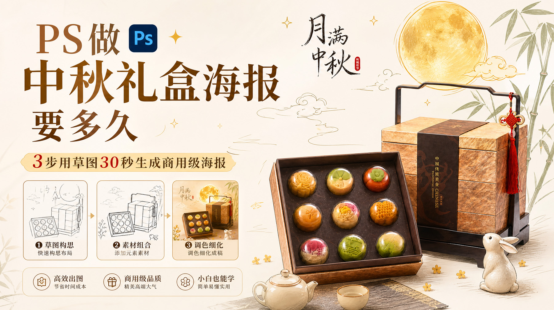 PS做中秋礼盒海报要多久？3步用草图30秒生成商用级海报