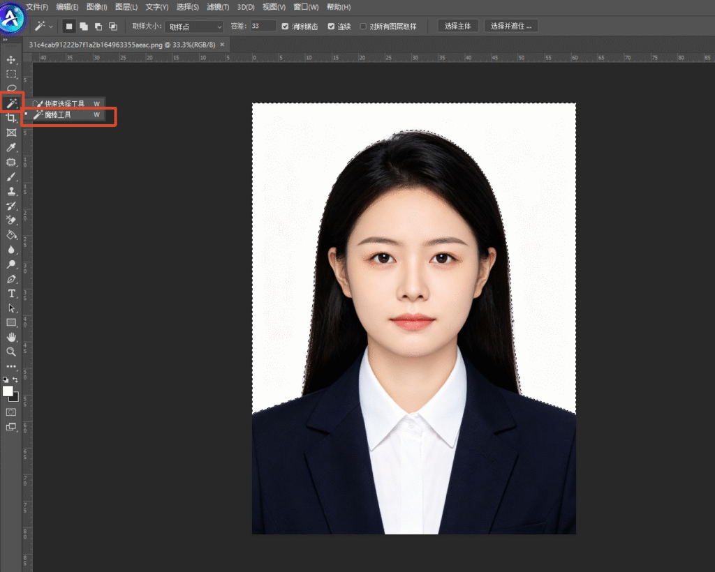 PS 软件界面,左侧工具栏红框标注魔棒工具与快速选择工具,画布打开白底证件照,背景出现蚂蚁线选区,顶部属性栏显示容差 33、连续等选项,演示证件照换背景第一步。