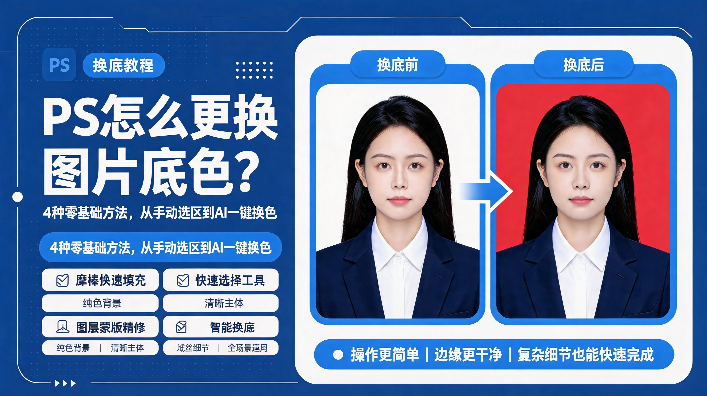 PS 证件照换底教程封面图,深蓝色科技风背景,左侧标题:PS 怎么更换图片底色?4 种零基础方法,从手动选区到 AI 一键换色;列出 4 种方法:魔棒快速填充、快速选择工具、图层蒙版精修、智能换底。右侧对比展示证件照换底前(白底人像)、换底后(红底人像)效果,标注操作更简单、边缘更干净,复杂细节也能快速完成。