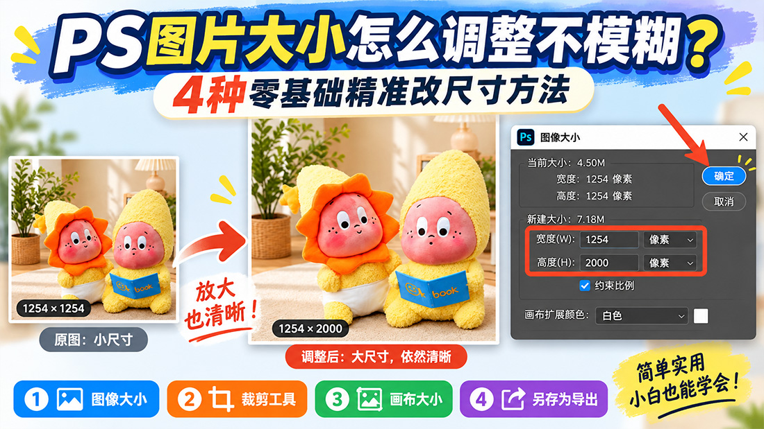PS图片大小怎么调整不模糊？4种零基础精准改尺寸方法