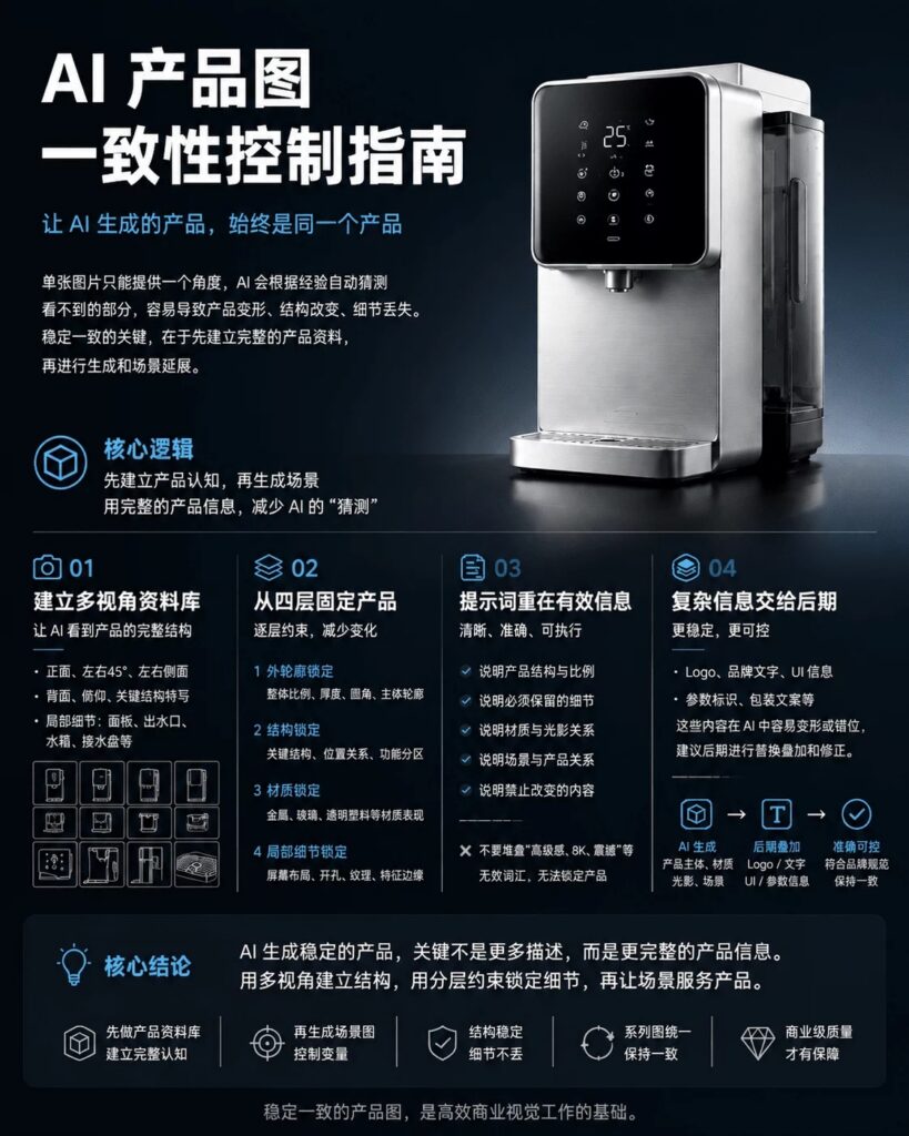 AI产品图怎么保持一致性？零基础结构锁定+多角度复刻商用教程