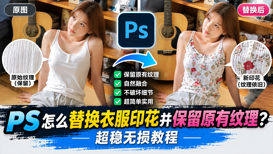 PS怎么替换衣服印花并保留原有纹理？超稳无损教程