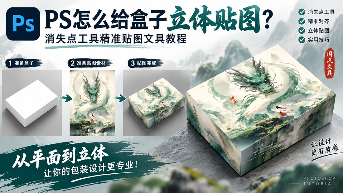 PS怎么给盒子立体贴图？消失点工具精准贴图文具教程