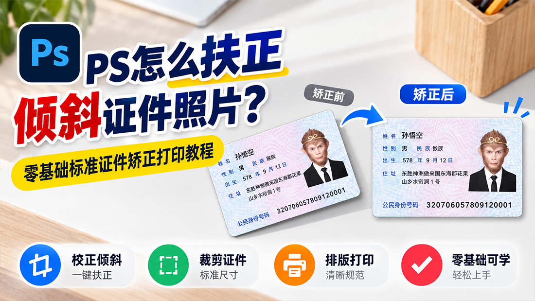 PS怎么扶正倾斜证件照片？零基础标准证件矫正打印教程
