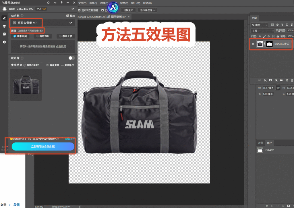 PS 界面，左侧 StartAI 插件面板选中抠图去背景 V1 功能，红框标出 “立即移除 (会员免费)” 按钮，画布中黑色行李包已抠出，背景是透明棋盘格，图上标注文字 “方法五效果图”，右侧图层面板显示 StartAI 生成的蒙版图层，演示 StartAI 插件 AI 一键抠图成品效果。