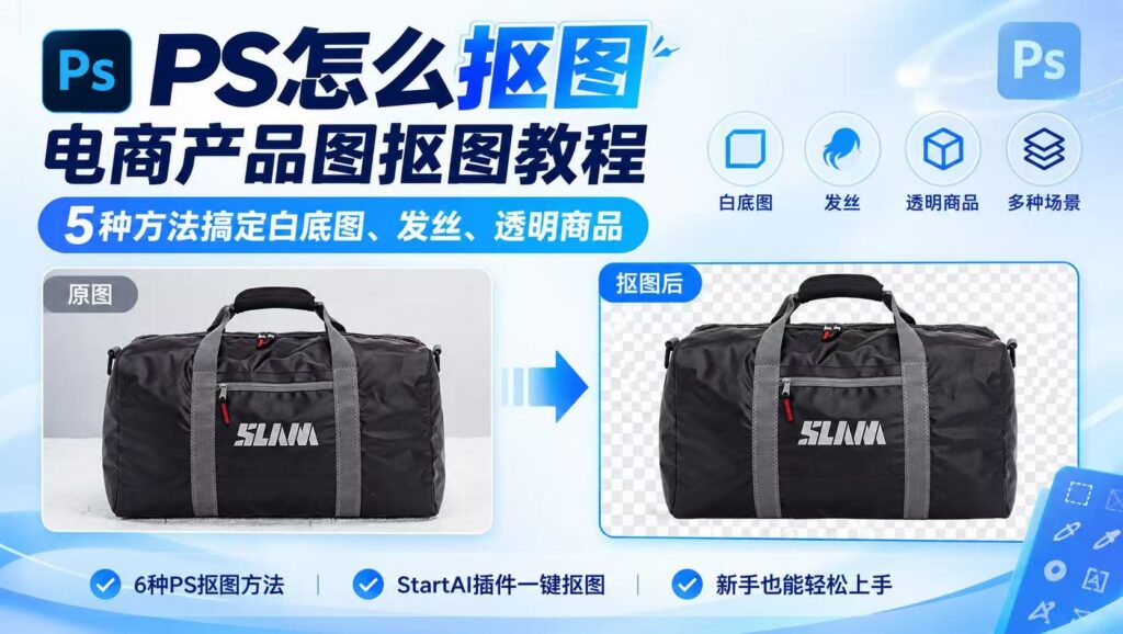 PS 电商产品图抠图教程封面图，标题为 PS 怎么抠图，介绍 5 种抠图方法，可制作白底图、发丝、透明商品抠图；画面左侧是黑色旅行包原图，右侧箭头指向抠图完成后的透明棋盘格底效果图，标注原图、抠图后；附带 PS 图标，文字标注支持 StartAI 插件一键抠图，新手友好。