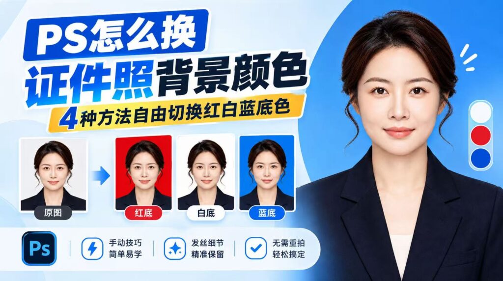 PS 证件照换背景教程，4 种方法切换红底、白底、蓝底，保留人物发丝细节，无需重拍，适合证件照底色修改。
