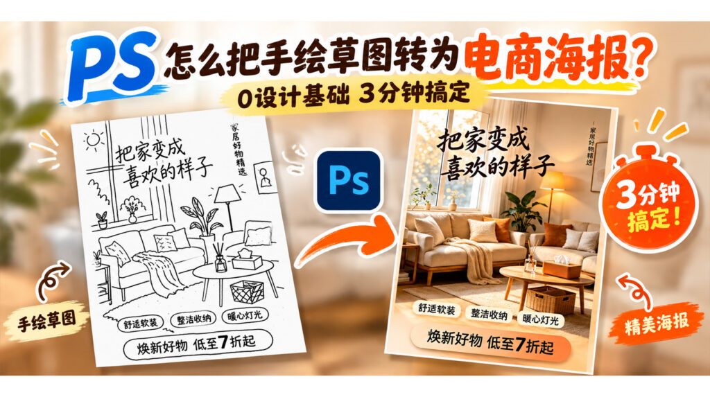 PS 怎么把手绘草图转为电商海报？0设计基础3分钟搞定