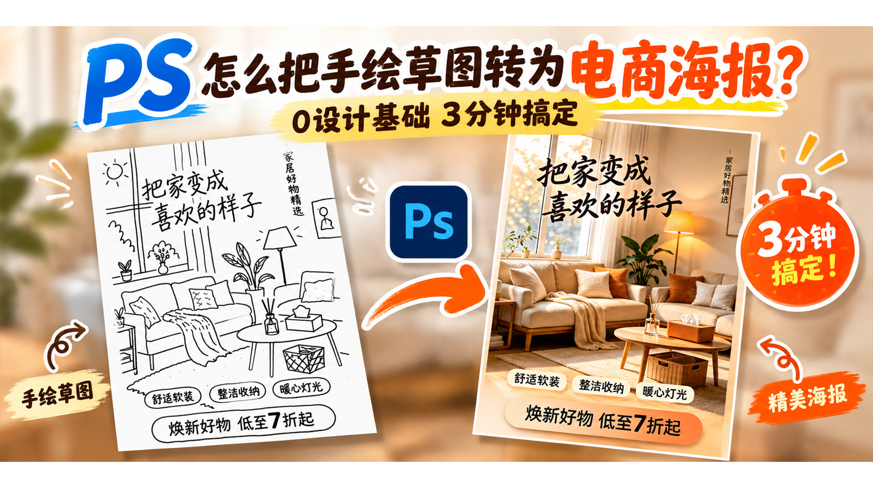 PS 怎么把手绘草图转为电商海报？0设计基础3分钟搞定