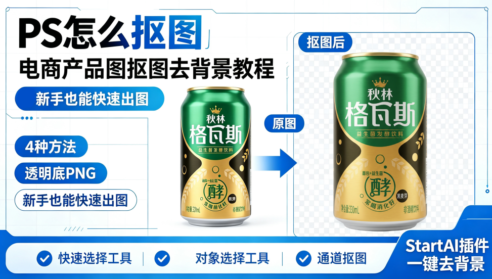 PS 电商产品抠图教程封面,标题 PS 怎么抠图,展示秋林格瓦斯原图与抠图后透明底对比,列出 4 种抠图方法