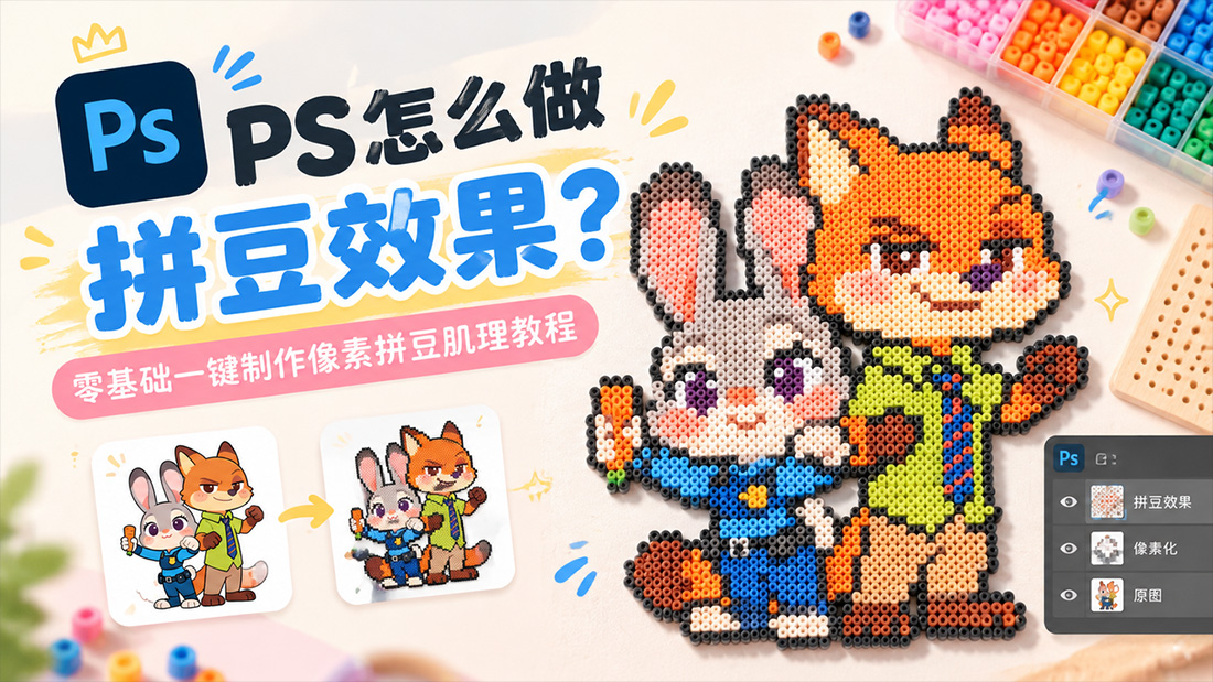 PS怎么做拼豆效果？零基础一键制作像素拼豆肌理教程