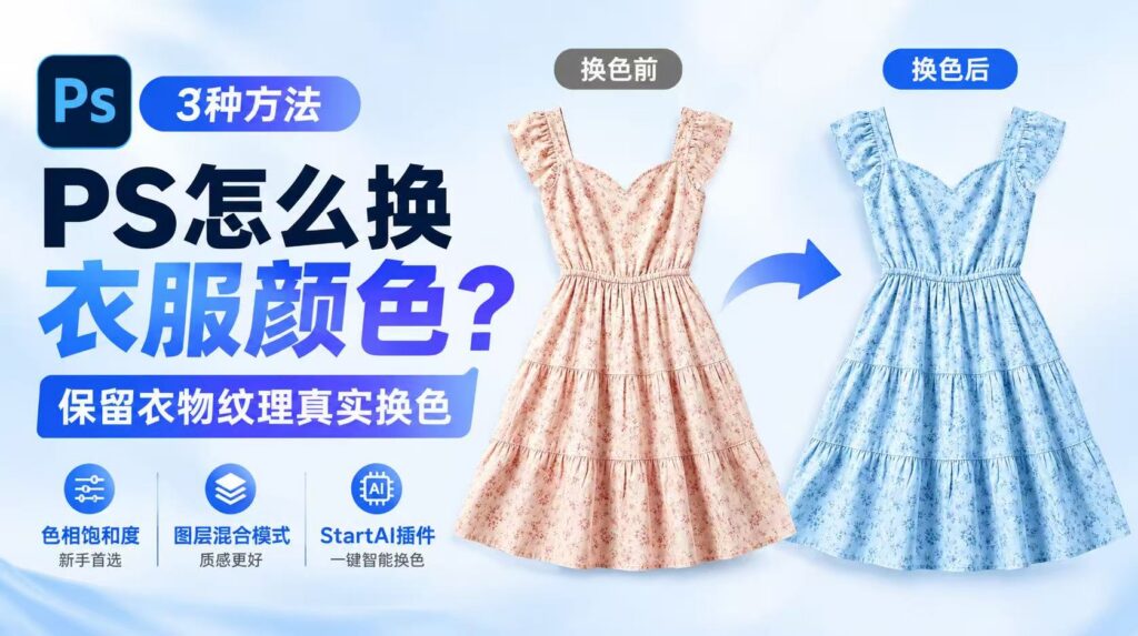 PS 教程封面图，标题 PS 怎么换衣服颜色，展示碎花连衣裙换色前（浅粉色）和换色后（浅蓝色）对比，保留衣物纹理，介绍 3 种方法：色相饱和度、图层混合模式、StartAI 插件。