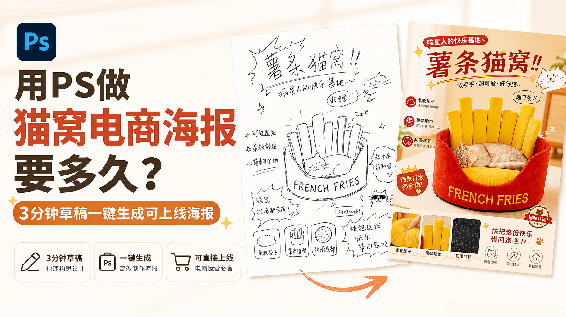 用PS做猫窝电商海报要多久？3分钟草稿一键生成可上线海报