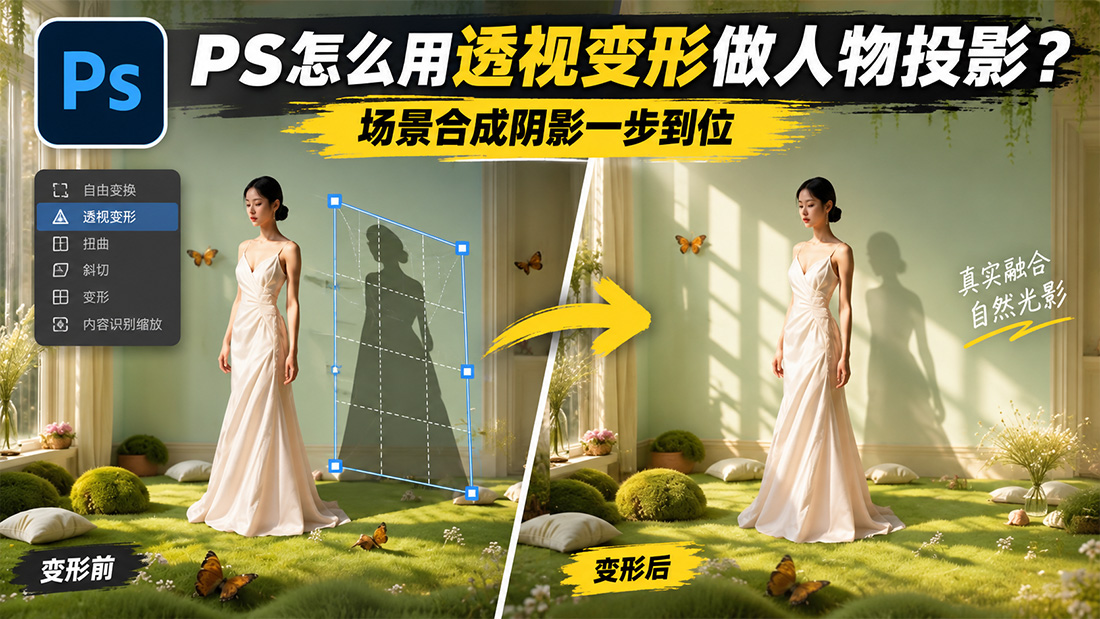 PS怎么用透视变形做人物投影？场景合成阴影一步到位