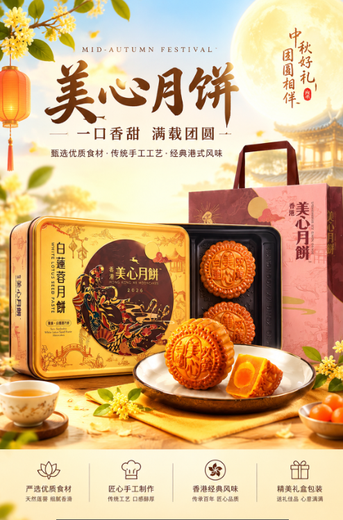 GPT Image 2.5 生成新中式国风中秋月饼礼盒电商促销 ps 海报成品