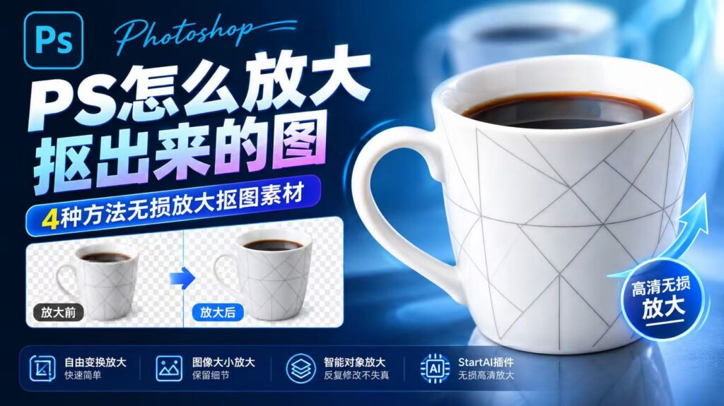 PS 怎么放大抠出来的图教程封面图,4 种无损放大抠图素材方法,对比马克杯放大前后效果