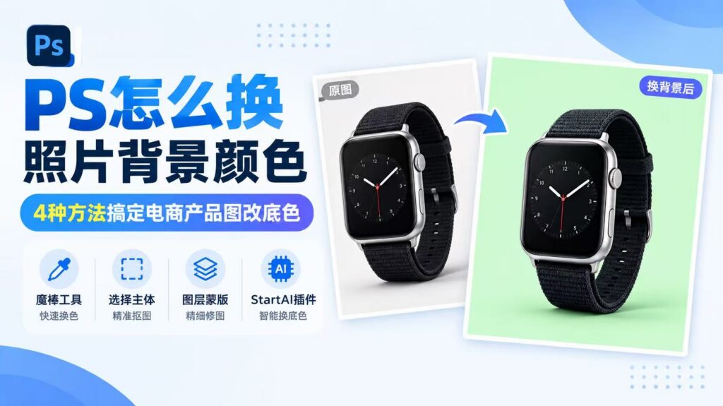 PS 怎么换照片背景颜色教程封面图,4 种电商产品图改底色方法,智能手表原图与换浅绿色背景后效果对比,包含魔棒工具、选择主体、图层蒙版、StartAI 插件四种方案。