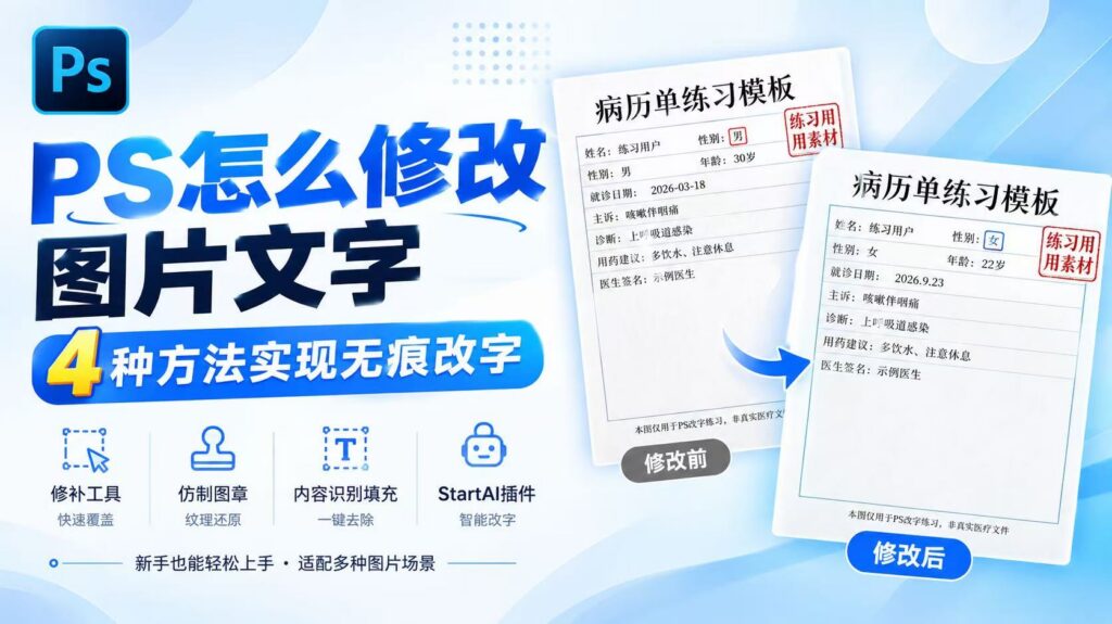 PS 修改图片文字教程封面图,蓝色简约背景,标题为 PS 怎么修改图片文字,4 种方法实现无痕改字;展示病历单练习模板修改前与修改后的对比图,下方列出 4 种改字工具:修补工具、仿制图章、内容识别填充、StartAI 插件,标注新手也能轻松上手,本病历仅 PS 改字练习素材。