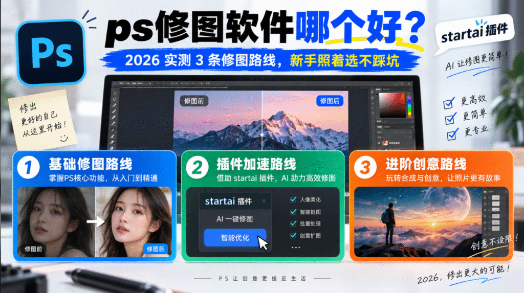 ps修图软件哪个好？2026 实测 3 条修图路线，新手照着选不踩坑