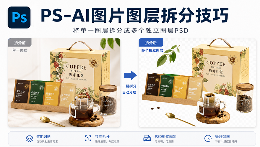 PS-AI图片图层拆分技巧，将单一图层拆分成多个独立图层PSD