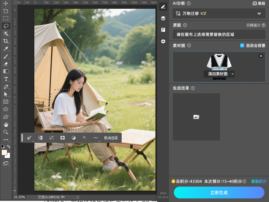 StartAI 面板中选择「万物迁移」并上传新款服装素材