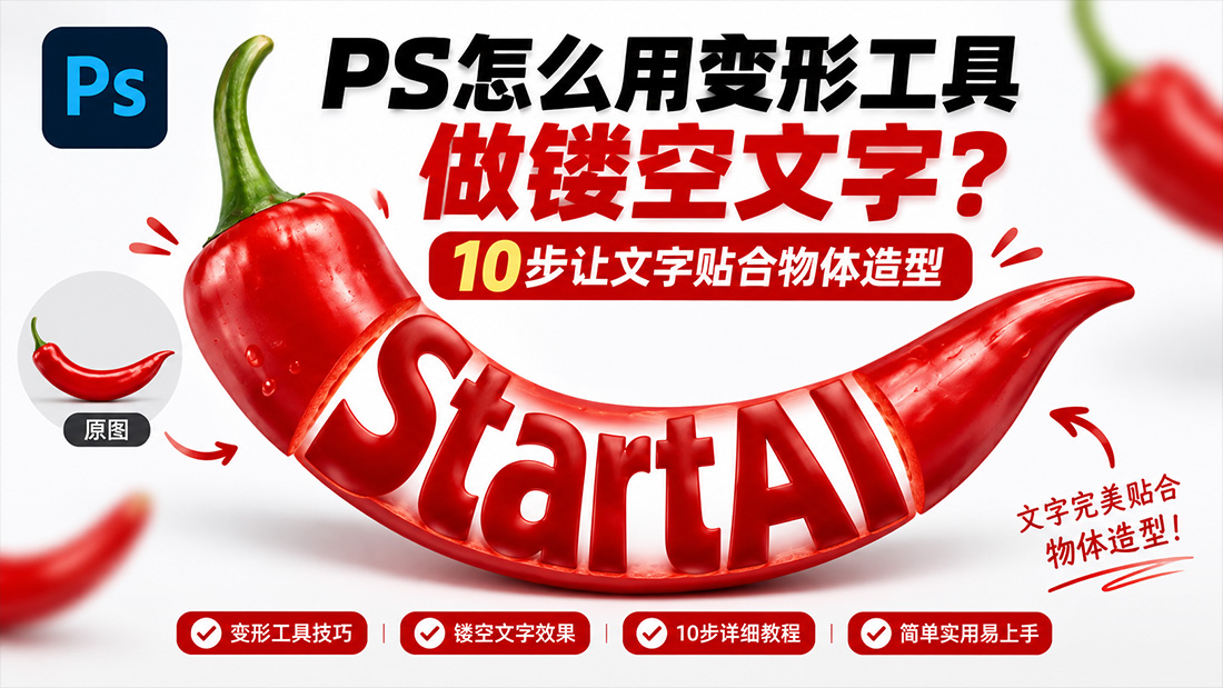 PS怎么用变形工具做镂空文字？10步让文字贴合物体造型