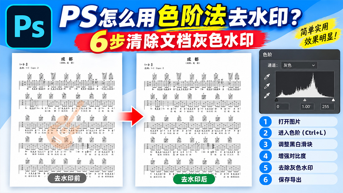 PS怎么用色阶法去水印？6步清除文档灰色水印