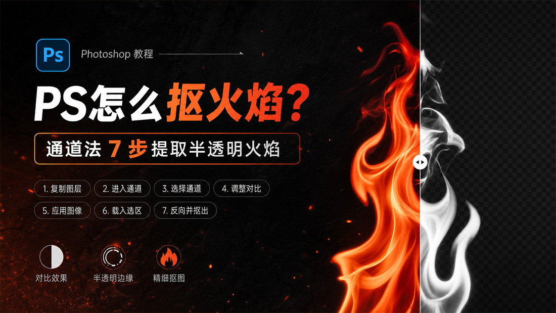 PS怎么抠火焰？通道法7步提取半透明火焰