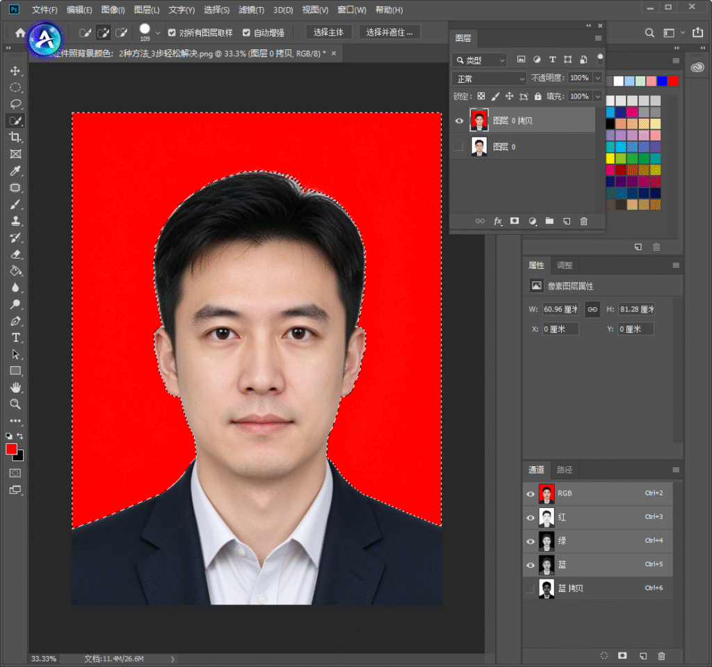 PS 完成通道抠图后的效果，证件照背景生成选区，人物轮廓包括发丝完整选中，准备填充红色背景。
