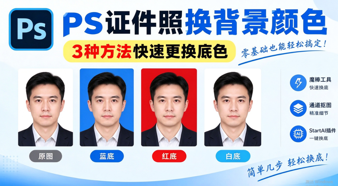 PS证件照换背景颜色，3种方法快速更换底色