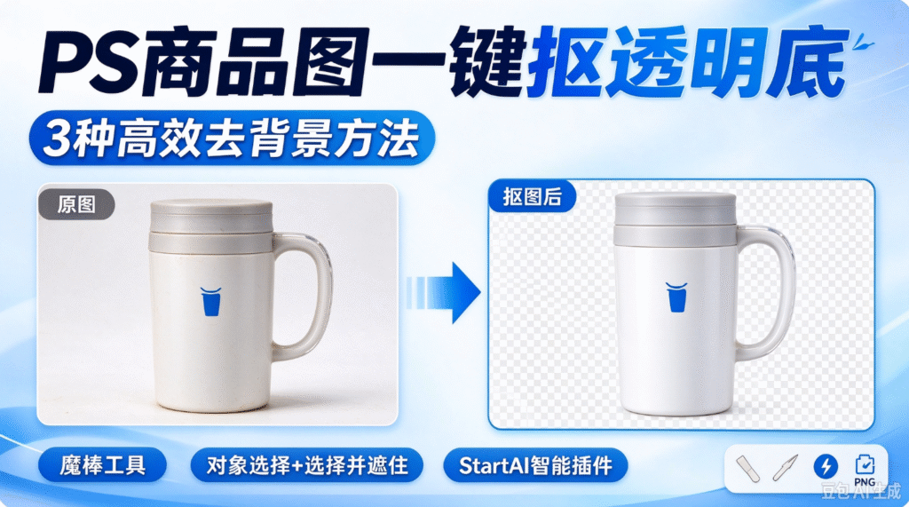 PS 商品图一键抠透明底教程封面,展示马克杯原图与抠图后透明底对比,介绍 3 种 PS 高效去背景方法,含魔棒工具、对象选择工具、StartAI 插件智能抠图,电商美工产品抠图教学图