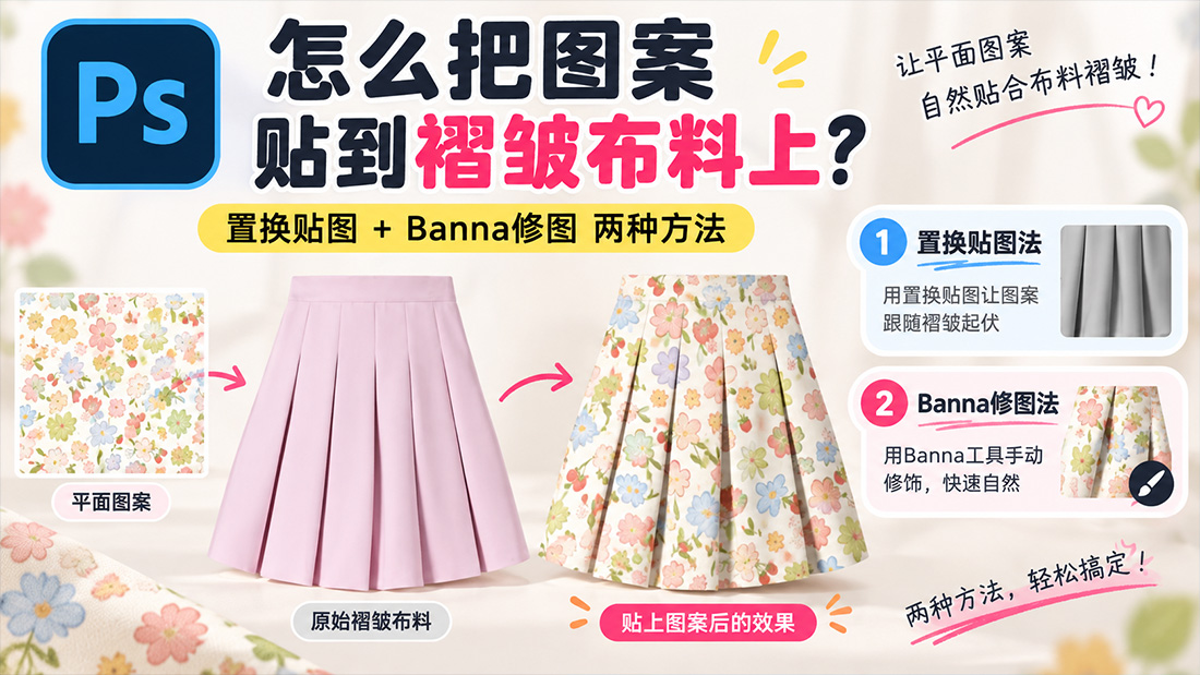 PS怎么把图案贴到褶皱布料上？置换贴图+Banna修图两种方法