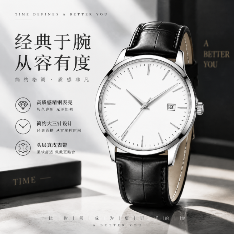 GPT Image 2.5 生成的手表高质感主图回写 PS 图层