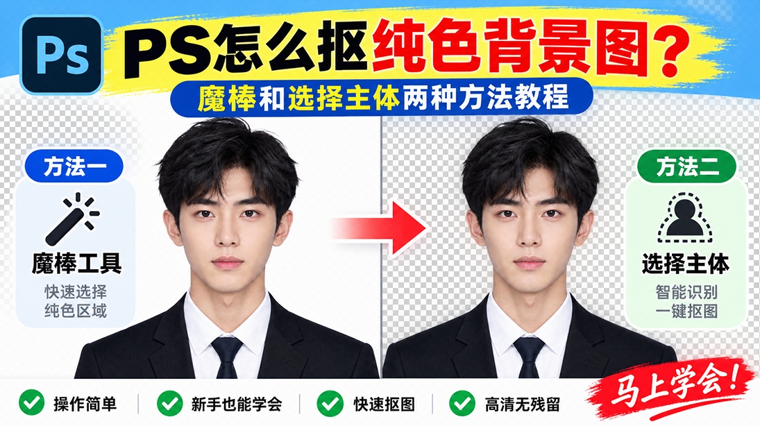 PS怎么抠纯色背景图？魔棒和选择主体两种方法教程