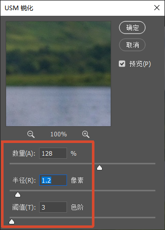 PS USM 锐化设置弹窗,左侧预览风景图片,下方红框标注三个参数:数量 128%、半径 1.2 像素、阈值 3 色阶,右侧为确定、取消按钮与预览勾选框。