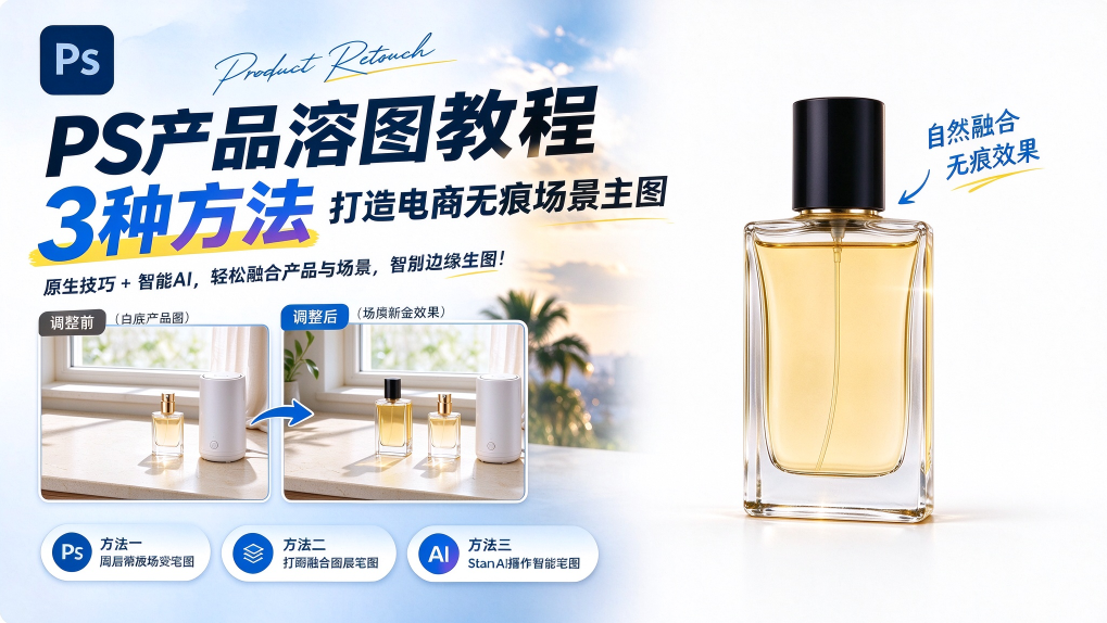PS 产品溶图教程封面，介绍三种将香水瓶素材自然融合到电商场景背景中的方法，包含前后效果对比和步骤说明。
