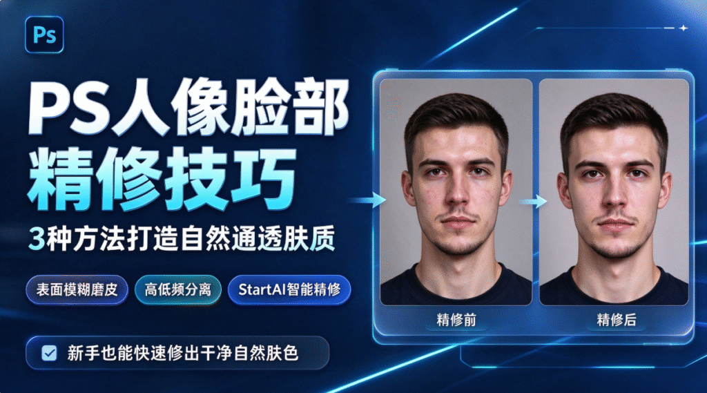 PS 人像脸部精修教程封面图，3 种方法打造自然通透肤质，展示男士人像修图前后对比，原生 PS 工具 + StartAI 插件双方案，包含表面模糊、高低频分离、AI 智能精修三种人像磨皮技法。