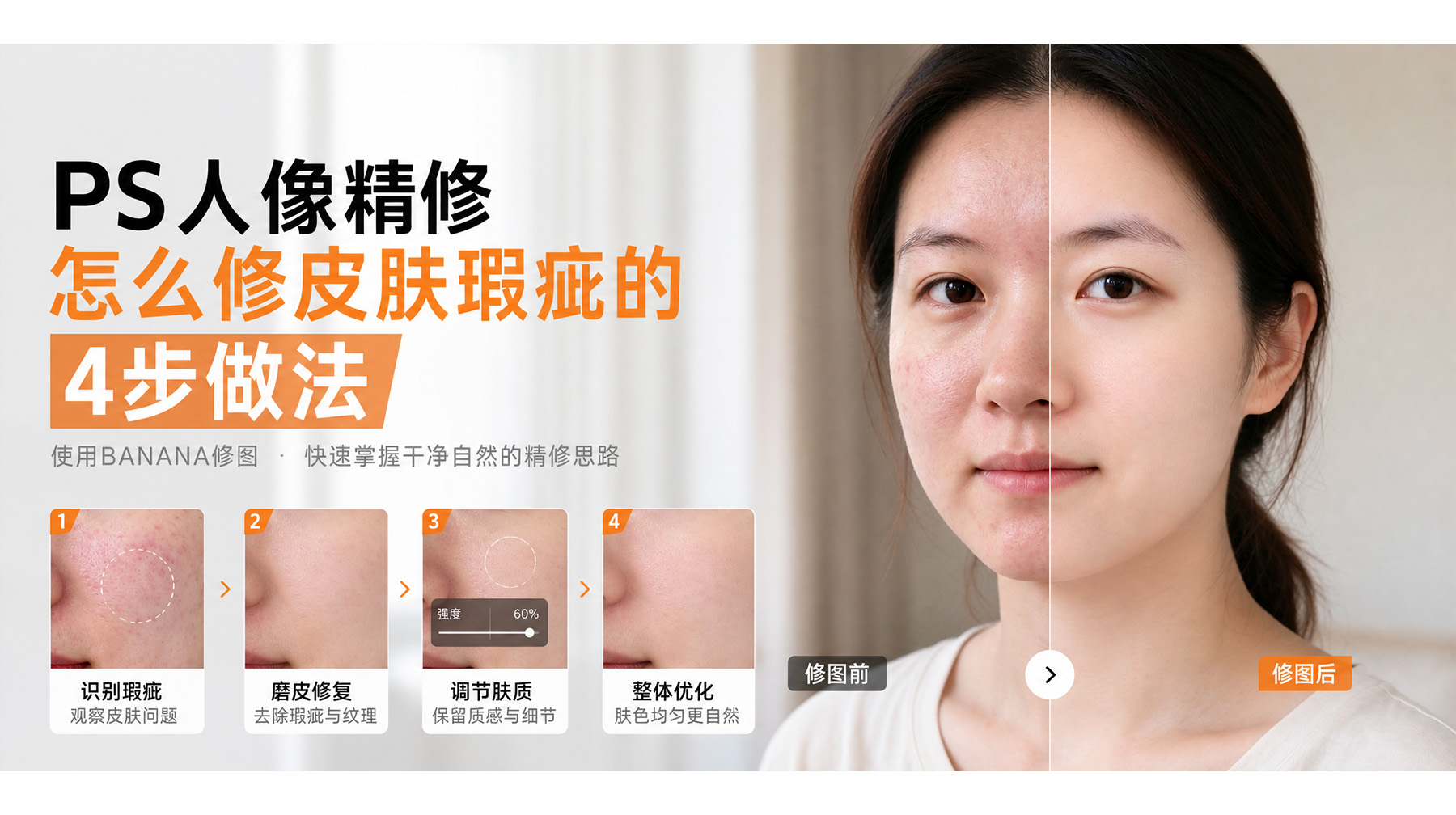 ps人像精修怎么修皮肤瑕疵的4步做法