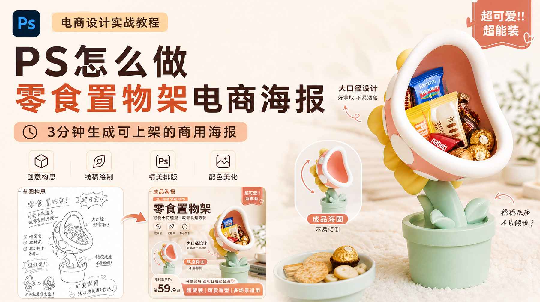 PS怎么做零食置物架电商海报？3分钟生成可上架的商用海报