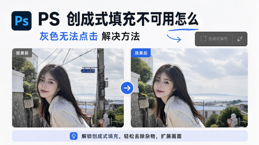 PS 创成式填充不可用怎么办，灰色无法点击解决方法